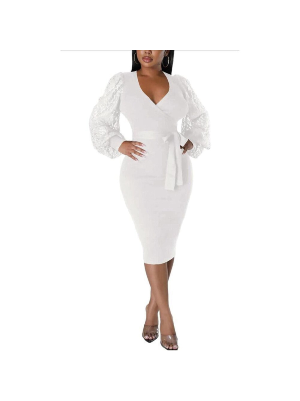 NEW Semi Formal Bishop Sleeve V Neck Bodycon Midi Dress M